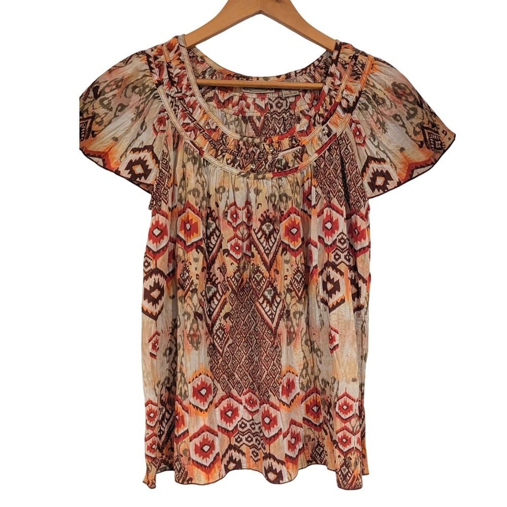 Art and Soul Boho Sequin Neckline Top XL Orange Geometric Ikat Flutter Sleeve